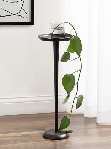 Alessia Modern Decorative Metal Drink Table; 8 x 8 x 22; Black; Round Cast Aluminum Pedestal Plant Stand with Rough Texture and Deckled Edge