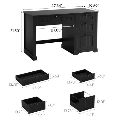 Farmhouse 47" Executive Desk with 4 Drawers, Black, view 3