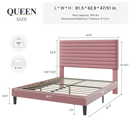 Queen Bed Frame, Velvet Upholstered Bed with Adjustable Headboard, view 3