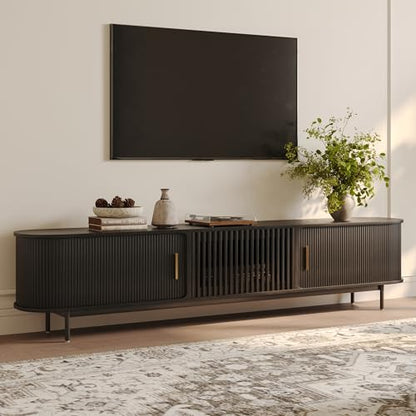 Fully-Assembled Mid Century Modern TV Stand for 75+ inch TV, Sliding Door Entertainment Center with Storage, Wood TV Console, Media Console for Living Room Bedroom(Black, 94.49")
