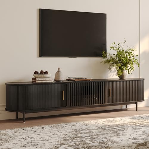Fully-Assembled Mid Century Modern TV Stand for 75+ inch TV, Sliding Door Entertainment Center with Storage, Wood TV Console, Media Console for Living Room Bedroom(Black, 94.49")
