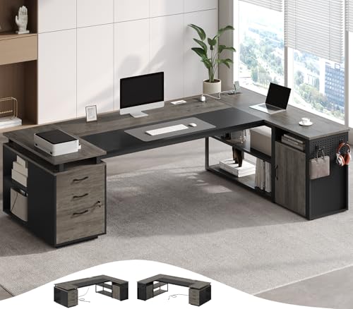 78" Executive Desk with Lockable File Cabinet, L Shaped Office Desk with Power Outlets, Large Executive Desk with Drawers and Storage Shelves, Reversible Computer Desk with Privacy Screen, Grey