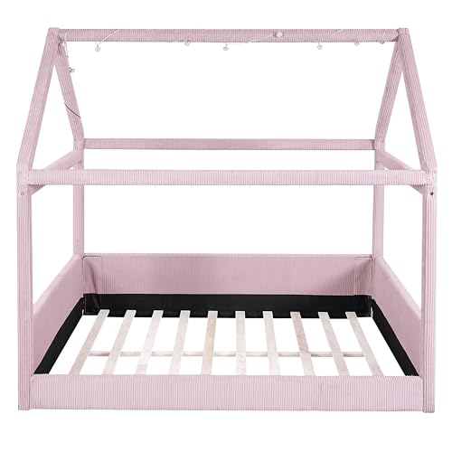 Upholstered Full Size House Daybed with LED Light Strips, Modern Kids Daybed for Bedroom, Guest Room (Pink)