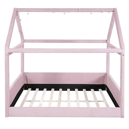 Upholstered Full Size House Daybed with LED Light Strips, Modern Kids Daybed for Bedroom, Guest Room (Pink)
