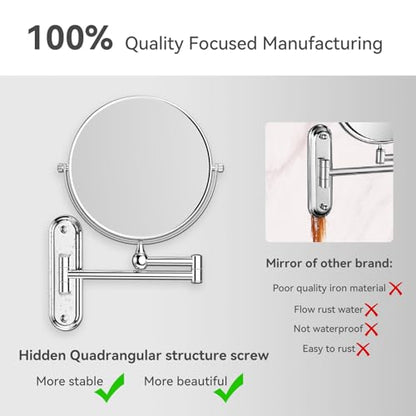8-Inch Wall Mount Makeup Mirror with 20X Magnification for Bathroom - 360° Rotation & Extended Arm Chrome Dual-Sided Bathroom Mirror for Makeup, Skincare for Mom (8in,20X)