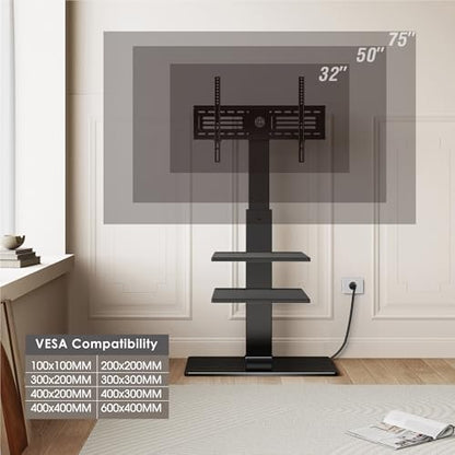 Floor TV Stand for 32-75 inch TV with Power Outlet, Tall TV Mount for Bedroom Living Room with Tempered Glass Base, TV Stand with Mount Holds Up to 88lbs MAX VESA 600x400mm,Black