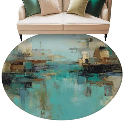 Round Area Rug 6 Ft, Modern Abstract Washable Non-Slip Circle Carpet for Living Room/Bedroom, Country Color Blocks Teal Brown Low-Profile Indoor Mats Collection Rugs for Residential