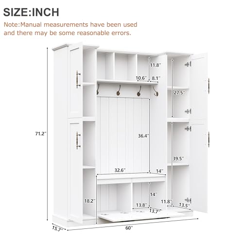 ON-TREND Farmhouse Elegant Hall Tree with 4 Side Cabinets, All-in-One Mudroom Furniture with Adjustable Shelves & Open Cubbies, Beadboard Entryway Bench with Coat Rack & 5 Hooks for Hallway, White