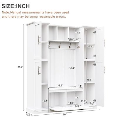 ON-TREND Farmhouse Elegant Hall Tree with 4 Side Cabinets, All-in-One Mudroom Furniture with Adjustable Shelves & Open Cubbies, Beadboard Entryway Bench with Coat Rack & 5 Hooks for Hallway, White