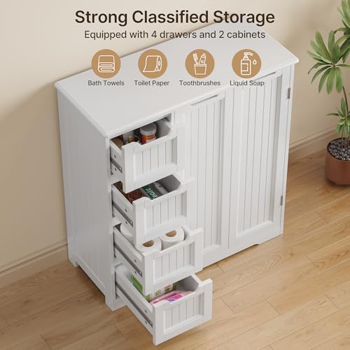 Storage Cabinet, White Bathroom Storage Cabinet with 4 Drawers & Double Doors, Adjustable Shelf, Modern Floor Cabinet for Bathroom, Kitchen, Living Room, Entryway, White