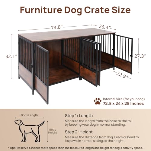 75" Wooden Dog Crate Furniture – Chew-Resistant Kennel for Medium/Large Breeds, view 4
