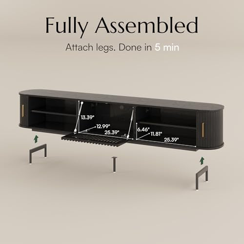 Fully-Assembled Mid Century Modern TV Stand for 75+ inch TV, Sliding Door Entertainment Center with Storage, Wood TV Console, Media Console for Living Room Bedroom(Black, 94.49")