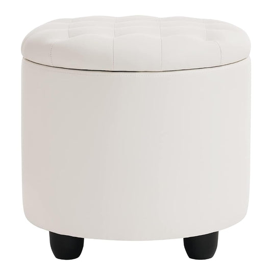 Round Storage Ottoman with Cover Lid Tufted, 19" Round Ottoman with Storage Faux Leather Ottomans for Living Room Bedroom Dorm (Ivory White)