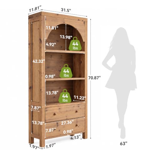 70" Solid Wood Tall Bookshelf with 3-Tier Shelves and 2 Drawers, view 3