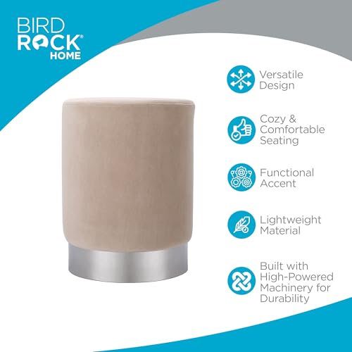 Round Ottoman Foot Stool – Modern Soft Padded Velvet Vanity Chair with Silver Metal Trim – Accent Chair or Foot Rest for Living Room, Bedroom, or Dressing Room (Taupe)