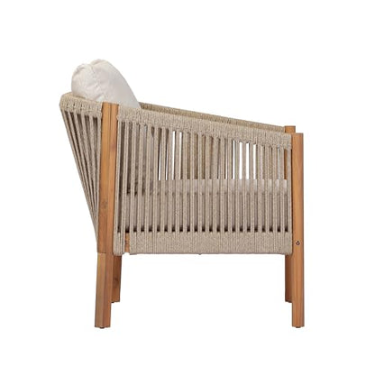 Bubi Acacia Wood Lounge Chair Outdoor with Cushion, Solid Wood Patio Accent Chair with Woven Rope Accents, Patio Furniture Set Sofa Chair, Teak+Beige