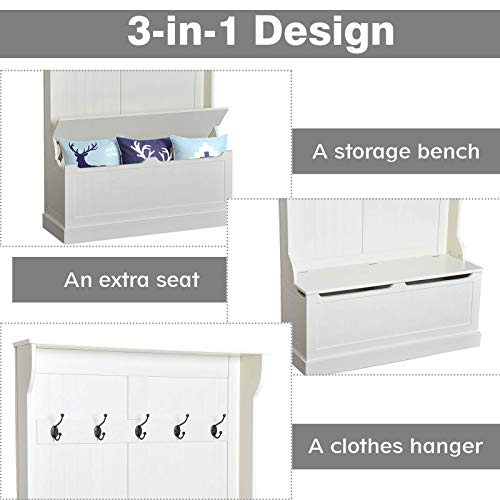 Hall Tree with Bench and Shoe Storage 3-in-1 Coat Rack Cream White, view 6