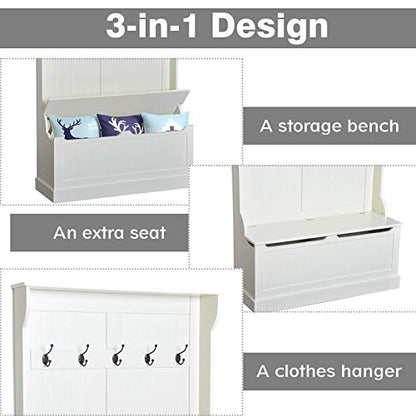 Hall Tree with Bench and Shoe Storage 3-in-1 Coat Rack Cream White, view 6