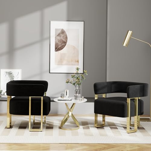 Black and Gold Accent Chairs Set of 2, Boucle Barrel Chairs for Living Room | Boucle Upholstery, Curved Bucket Design, Bedroom Chair, Gold-Tone Base, Armchairs for Office, Small Space Seating
