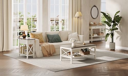 Farmhouse End Table with Charging Station, Accent Small Side Table Nightstand for Living Room, Bedroom, and Small Spaces, Soft White