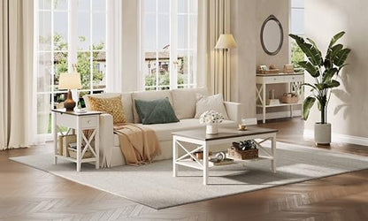 Farmhouse End Table with Charging Station, Accent Small Side Table Nightstand for Living Room, Bedroom, and Small Spaces, Soft White