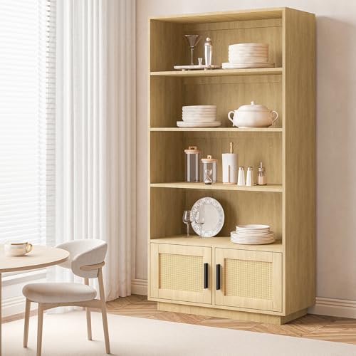 GAOMON Boho Bookcase with Rattan Doors, 5 Tier Bookshelf, Wooden Bookcase and Bookshelf with Storage, Tall Book Stand, Large Bookshelf for Living Room, Bedroom, Home Office, Kitchen