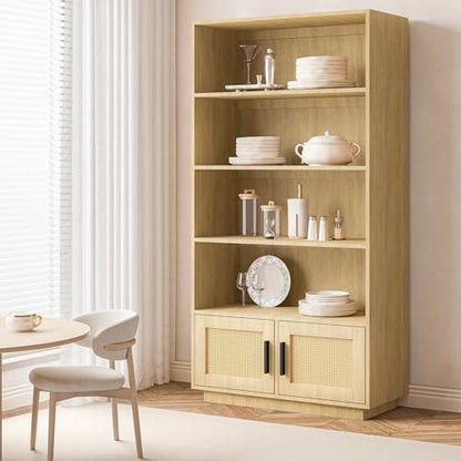 GAOMON Boho Bookcase with Rattan Doors, 5 Tier Bookshelf, Wooden Bookcase and Bookshelf with Storage, Tall Book Stand, Large Bookshelf for Living Room, Bedroom, Home Office, Kitchen