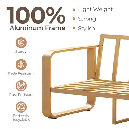 CHITA Aluminum Outdoor Loveseat Sofa, Patio Sofa with 6.3in Thick Cushion | 100% Aluminum Frame, Wood-Like Finish Grain, 6.3in Thickened Cushion, OEKO-TEX Olefin Washable Covers, Anti-slip Straps