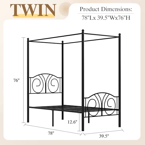 Twin Canopy Bed Frame, Vintage Scrollwork Headboard, Matte Black, view 3