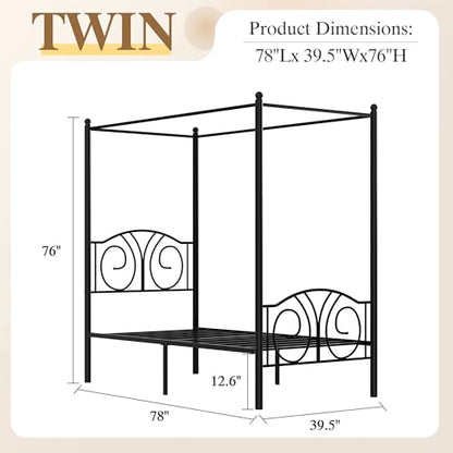 Twin Canopy Bed Frame, Vintage Scrollwork Headboard, Matte Black, view 3