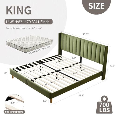King Bed Frame，Platform Bed with Upholstered Headboard，Grass Green, view 3