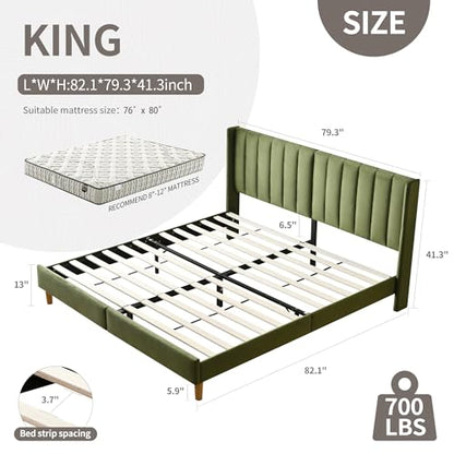 King Bed Frame，Platform Bed with Upholstered Headboard，Grass Green, view 3