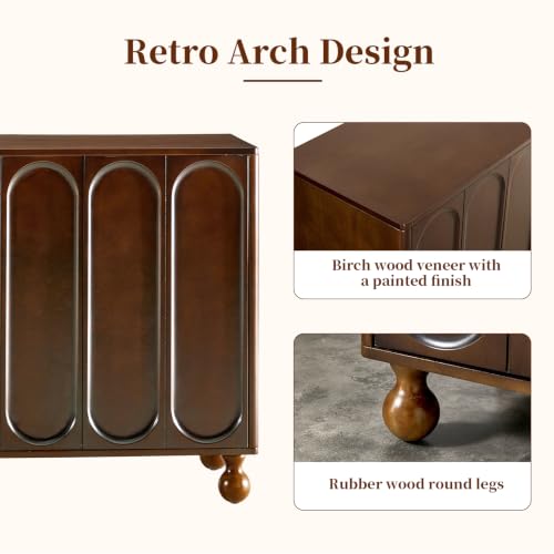 60" Sideboard Buffet Cabinet,Birch Wood Veneer,3D Arched Doors, Brown, view 4