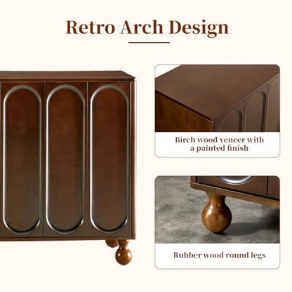 60" Sideboard Buffet Cabinet,Birch Wood Veneer,3D Arched Doors, Brown, view 4