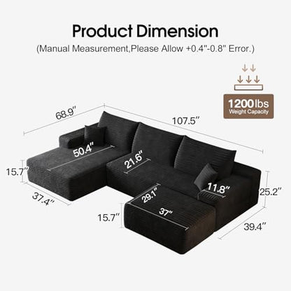 107" Comfy U-Shaped Sectional Modern Boneless Corduroy Couch with Chaise ‌and Ottoman‌ - No Assembly Required! Deep-Seat, Upholstered Modular Cloud Sofa for Living Room, Plush Corduroy Fabric(Black)