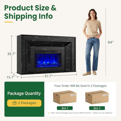58" Fireplace TV Stand, Marble Finish Electric Fireplace Mantel,Black, view 3