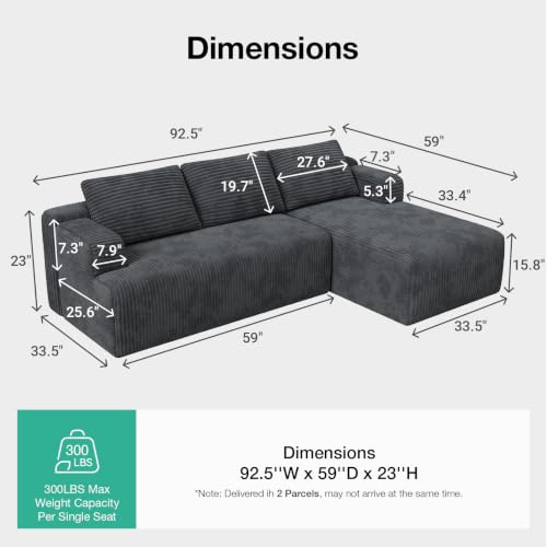 L-Shape Sectional Couches for Living Room with Smarts Coil® Support, 3 Seater Sectional Sofas for Living Room Bedroom, Corduroy Cloud Couch Sectional, No Assembly(Dark Grey, Right Hand Facing)