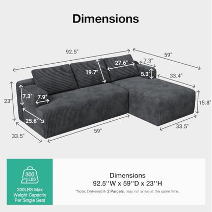 L-Shape Sectional Couches for Living Room with Smarts Coil® Support, 3 Seater Sectional Sofas for Living Room Bedroom, Corduroy Cloud Couch Sectional, No Assembly(Dark Grey, Right Hand Facing)