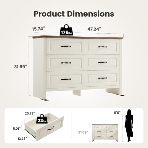 Amada Farmhouse 6 Drawer Dresser for Bedroom, 47.2 Inch Wide Wood Dresser with Natural Texture, Large Drawers, Rustic Farmhouse Chest of Drawers for Bedroom, Living Room, Hallway, Brown & White