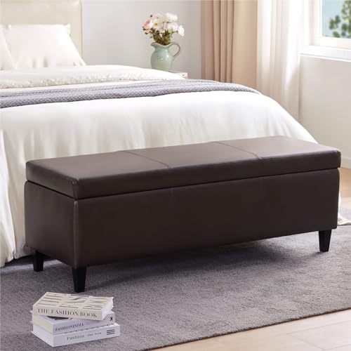 Faux Leather Storage Ottoman Bench 50.3 Inch Extra Long PU Upholstered Bedroom Bench with Large Storage Space for The Living Room, Entryway, Bedroom Hold Up to 300lbs (Brown)