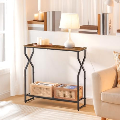 2 Tier Console Table, Sofa Table, Narrow Entryway Table, Hallway Entrance Table, Hourglass-Shaped Frames, Adjustable Feet, for Entrance, Living Room, Hallway, Rustic Brown CTHR21301