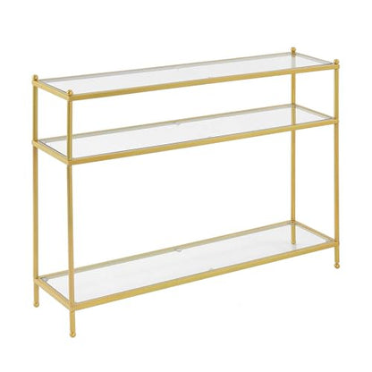 Royal Crest Glass Console Hall Table 42" - 3 Tier Modern, Contemporary Narrow Display Accent with Storage Shelves for Living Room, Entryway, Hallway, & Bedroom, Gold