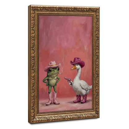 Whimsical Pink Cowboy Frog and Duck Poster Cute Western Animal Wall Art | Funny Trendy Cowgirl Aesthetic Picture Cozy Room Vibe Mood Booster Decor