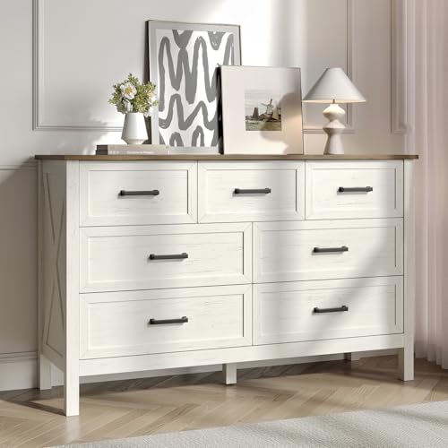 Farmhouse 7 Drawers Dresser for Bedroom, Antique White, view 2