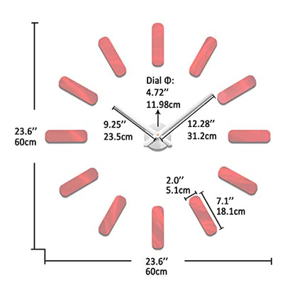 Frameless Wall Clock, 3D Modern Trend Wall Clocks for Living Room Decor, DIY Large Wall Clock Easy to Install Silent and Size Adjustable, Suitable for Kitchen, Farmhouse, Bedroom (Red)