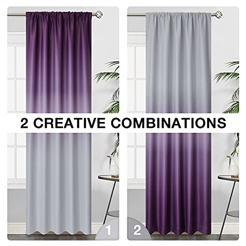 Rod Pocket Ombre Room Darkening Curtains for Bedroom, Light Blocking Gradient Purple and Greyish White Thermal Insulated Curtains Drapes for Living Room,2 Panels, 52x84 inches Length