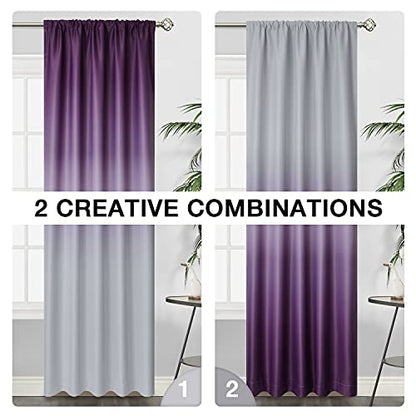Rod Pocket Ombre Room Darkening Curtains for Bedroom, Light Blocking Gradient Purple and Greyish White Thermal Insulated Curtains Drapes for Living Room,2 Panels, 52x84 inches Length