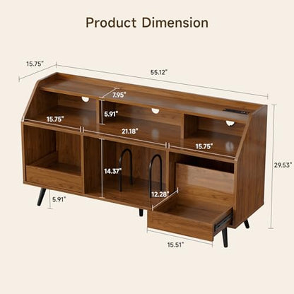 55 Inch Record Player Stand with LED Light, Walnut, view 3