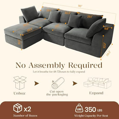 110" Cloud Sectional Couches for Living Room, L-Shaped Convertible Sofa, 3-Seat Modular Boneless Couch with Movable Ottoman, Dark Grey