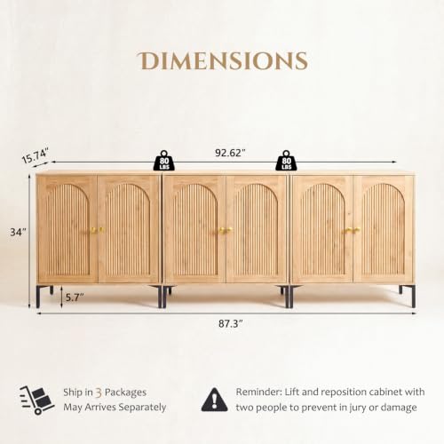 92.63" W Mid Century Modern TV Stands for Living Room, Natural Oak, view 3